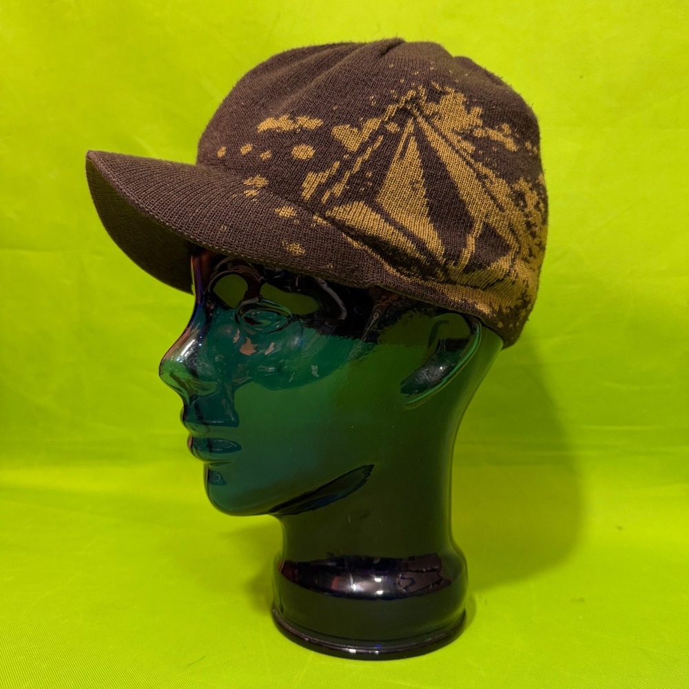 Volcom Men Stone Visor Beanie Hat Brown Olive Green Graphic Knit Cap Y2K VINTAGE